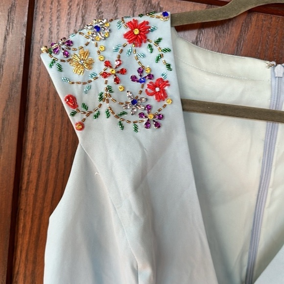 Mac Duggal Sky Blue Maxi Dress with Floral Shoulder Details - Picture 9 of 16